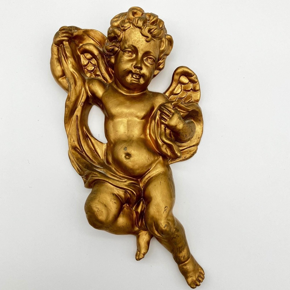 Vintage Gold Cherub Wall Decor Hanging Angel Plaque 8.5in Hollywood Regency